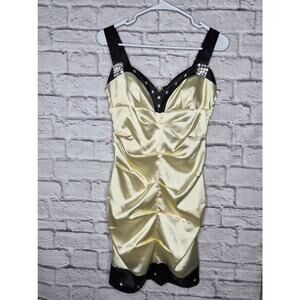 VTG Y2K Xtraordinary Satin Ruched Mini Dress Rhinestone Champagne Black Size 5